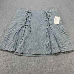 Free People Skirt Women's 12 Blue White‎ Railroad Stripe Lace Up Mini Lined Boho